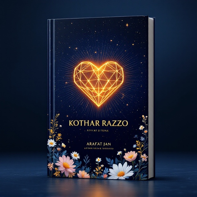 A dark navy blue background serves as the foundation with a breathtaking starry night sky interspersed with faint, shimmering constellations. At the center, a glowing, geometric heart pattern radiates subtly, giving off a sophisticated and futuristic vibe. Below the geometric heart, delicately illustrated floral designs—including daisies and pastel wildflowers—flow upward in soft gradients of white, light yellow, and peach, blending naturally into the cosmic elements above.