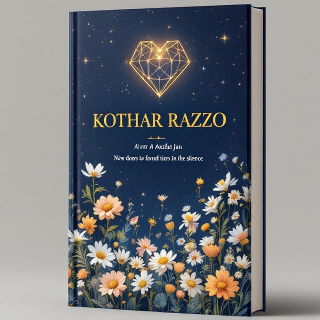 A starry navy blue background emulates a calming, endless night sky peppered with constellations. At the top center, a glowing, ethereal geometric heart-shaped constellation emits a soft, celestial light. The title, "KOTHAR RAZZO," is in elegant, bold golden serif fonts with a gentle radial glow, making it the centerpiece of the design. Beneath it, in clean and sophisticated sans-serif, a delicate subtitle, "New doors to found tiers in the silence," is subtly placed to add balance. The lower section of the cover blooms with intricately illustrated wildflowers (daisies, marigolds, soft foliage) in muted pastel hues of white, yellow, and peach, and stardust sparkles are scattered, subtly connecting the flowers to the stars.
