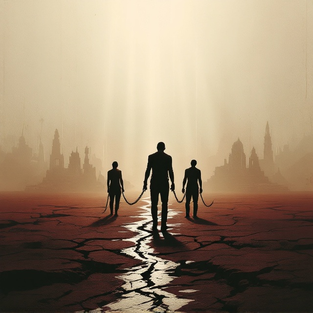 A haunting composition of human silhouettes shackled by chains, interwoven with cracks in a barren ground to symbolize oppression and injustice. The background transitions from a muted beige to dark maroon, representing the progression of suffering and awareness. A faint outline of a crumbling temple and fragmented caste symbols blend subtly into the background, creating depth and anchoring the cultural context. Light beams break through the cracks, symbolizing hope and resilience.