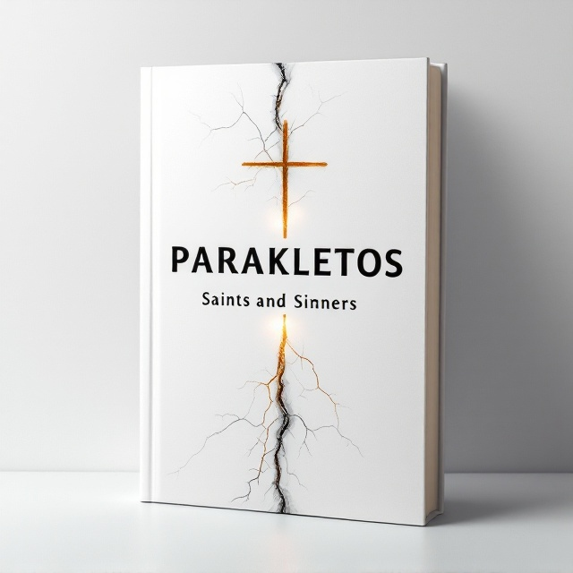 A stark white background with a split effect that features cracks spreading diagonally across the cover. On one side, there is a faint golden glow forming a subtle cross, symbolizing sainthood. On the opposing side, shadowy tendrils appear creeping like smoke or vines, representing sin. The title "PARAKLETOS" is placed prominently in the center, with "Saints and Sinners" in smaller font beneath it.