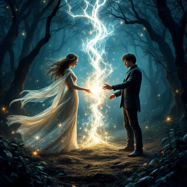 The cover depicts a fierce magical duel centered in a dark and mystical forest clearing. On the left side stands the enchantress, her figure ethereal and luminescent, cloaked in flowing, shimmering robes adorned with intricate celestial patterns. Magical light emanates from her hands, casting an aura of elegance and power. Opposite her, the young Tom Riddle stands, shrouded in shadowy hues, his eyes glowing with menace, holding an obsidian wand sharp with energy. At the center, their clashing spells explode into a dazzling burst of intertwining light and shadow, illuminating tendrils of the forest that almost seem alive. The background subtly fades into the dark edges of the book cover, emphasizing the duel while veiling the forest in intrigue.