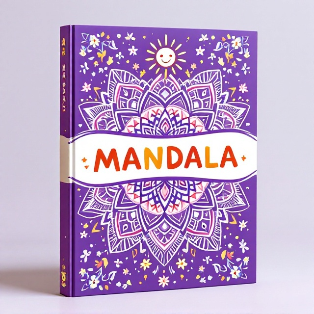 A vibrant purple background filled with intricate but playful mandala patterns in lighter shades of purple, pink, and white. A large central mandala design is placed in the middle of the cover surrounded by smaller, child-friendly patterns. The patterns exude a sense of harmonious complexity while maintaining simplicity for children. The top of the cover features a smiling sun within the mandala design, radiating a sense of happiness. Tiny stars and cheerful doodles like flowers, butterflies, and swirls decorate the outer edges.