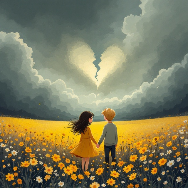 A whimsical, cartoon-style illustration captures a dark-haired girl (in a yellow dress) and a blonde-haired boy (in a grey sweater) holding hands. They stand in an endless field of vibrant, softly-rendered wildflowers. Dark, looming clouds roll ominously in the background, their presence deliberately contrasting with the tender scene below. The clouds form a subtle broken heart shape that fades into the sky. The characters’ expressions are bittersweet—she looks down slightly, and he glances at her, a delicate smile barely visible. The horizon blends grey into soft yellow hues to symbolize sadness and fleeting happiness entwined.