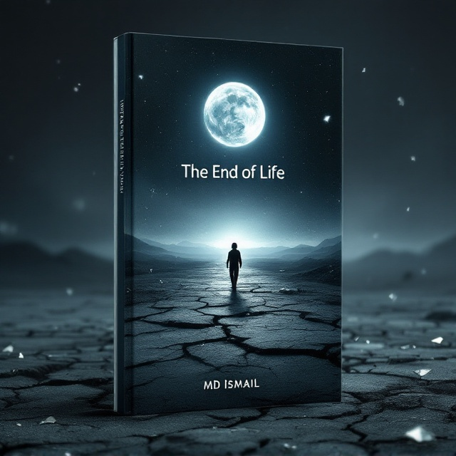 A desolate, darkened, and barren alien landscape stretches endlessly on the front. A single dying star looms in the background, casting a faint, cold light over the cracked terrain. A small figure of a human in a futuristic spacesuit appears in the far distance, walking away, their shoulders slumped in solitude. Floating fragments of shattered timepieces hover around, glowing faintly to symbolize the theme of endings. The color palette consists of muted grays, deep blues, and faint silver accents, emphasizing sadness and finality.
