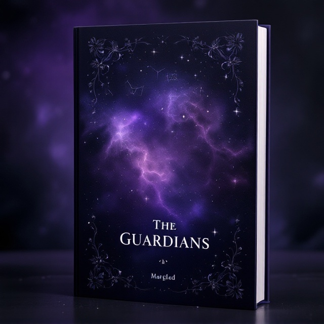 A dark outer space background in deep shades of dark purple with faint swirling nebulae and soft, diffuse light to evoke a sense of mystery. Subtle, shimmering constellations are woven into the background, placed asymmetrically to draw the eye toward the center. Black, delicate flowers are arranged along all four edges of the cover, almost like whispers in the void, creating an ornate frame that enhances the enigmatic atmosphere. Tiny, scattered silver sparkles, resembling stardust, are added to give a magical touch.