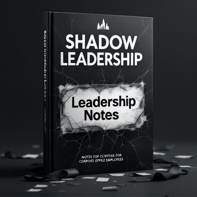 A dark, gradient black background symbolizes secrecy and mystery. A faint silhouette of a corporate skyscraper fades into the background to convey the corporate world, while a cracked, worn office nameplate with scratched text reading "Leadership Notes" sits prominently in the center—suggesting conflict and transformation. Subtle shadows of fragmented documents and torn ties scatter across the edges of the cover to create a subtle sense of fractured hierarchies and hidden truths.