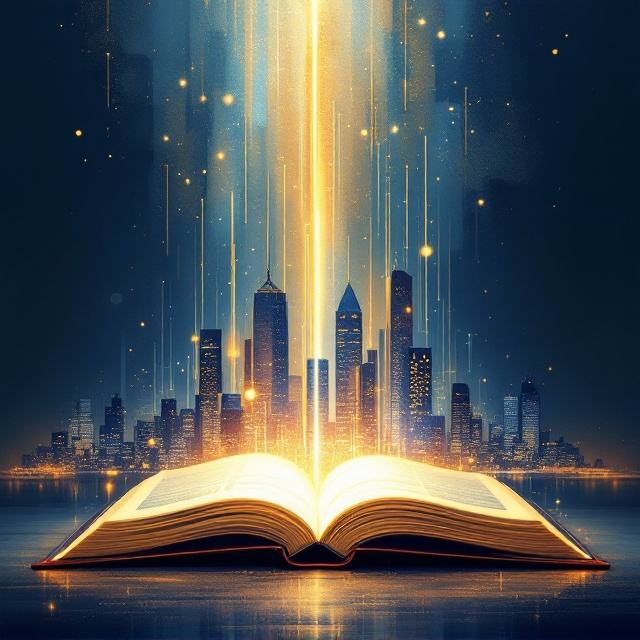 A vibrant background featuring abstract brushstrokes of golden and navy blue representing balance and success. Centered is an open book with luminous, glowing lines resembling whispers emanating upwards, softly transitioning into skyscrapers in the distance. The edges are decorated with subtle business-related icons (graphs, lightbulbs, gears) that are faintly embedded into the background.