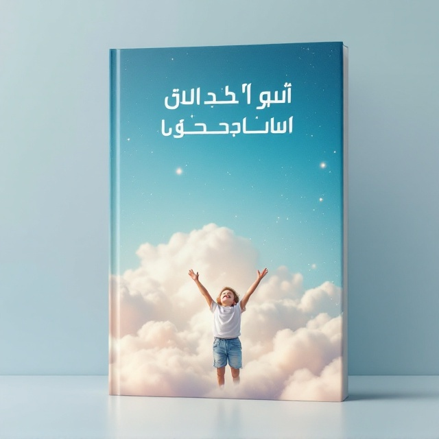 A dreamy sky painted in soft, gradient shades of sky blue, blending into white clouds. In the center of the composition, an energetic, happy child with outstretched arms is depicted, gazing upward as if imagining endless possibilities. In the background, faint, futuristic, geometric patterns or glowing symbols subtly hint at a science-fiction theme, blending naturally into the sky.