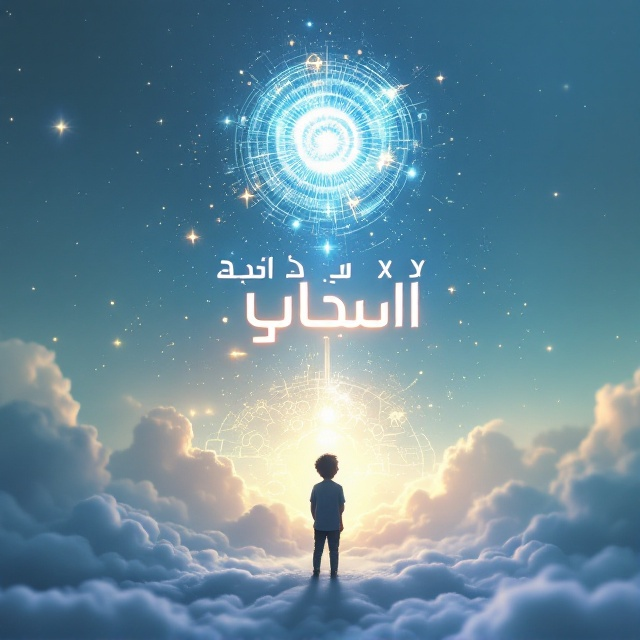 A serene sky-blue background with subtle clouds that merge into a dreamy, futuristic atmosphere. A child is standing in the foreground, facing upward towards a glowing orb of light or swirling energy, symbolizing limitless potential and futuristic thought. The child is slightly silhouetted, highlighted by a soft golden glow. Tiny, delicate constellations and mechanical designs (like gears and circuit patterns) subtly blend into the sky above, reflecting the science-fiction genre.