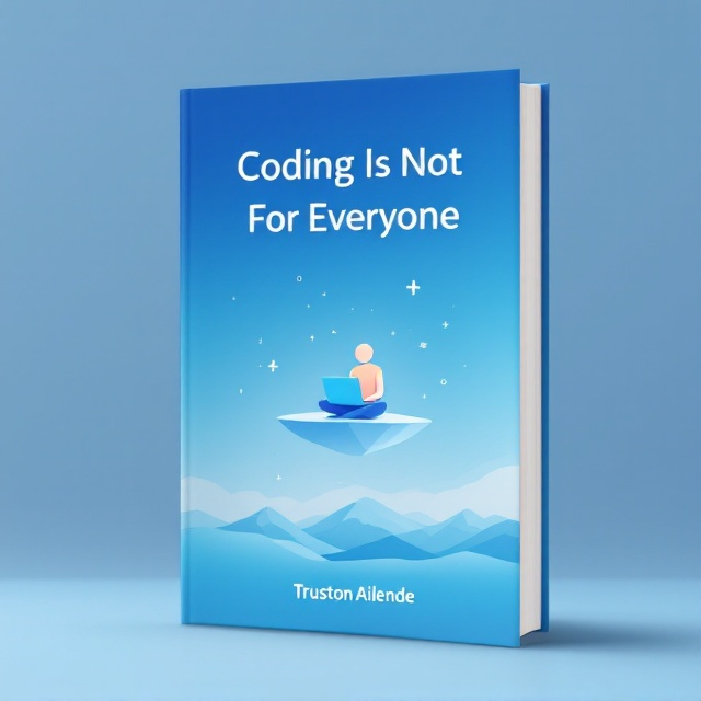 A serene blue gradient background fading from deep ocean blue at the top to soft sky blue at the bottom. At the center of the cover, a minimalist geometric illustration of a person sitting on a floating laptop, with small coding snippets (symbols like `{}`, `<>`, and `;`) gently drifting around them in a translucent overlay. The floating effect symbolizes contemplation and calmness. Below the floating elements, faint mountains appear at the bottom to represent a journey.
