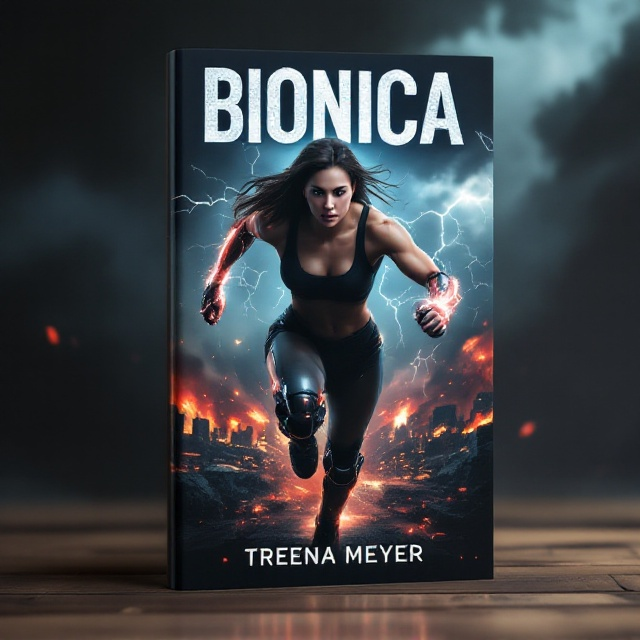 Bionica is positioned front and center, her intensely determined face filling the upper third of the cover. Her bionic knees and muscular arms are dramatically highlighted with glowing metallic accents against flashes of lightning behind her. The background showcases a chaotic, crumbling city engulfed in fire and shadow. Explosions flare in the distance as sparks fly, creating movement and texture. Her running pose extends toward the viewer, symbolizing strength and urgency. Dark clouds with streaks of intense reds and oranges swirl in the background, enhancing the sense of destruction.