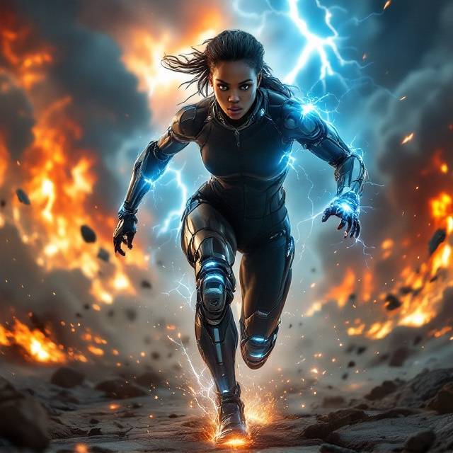 A striking close-up of Bionica, an African American woman with powerful, bionic knees, muscular arms, and legs, captured mid-stride as she sprints toward the viewer. Her intense expression conveys strength and determination. Sparks and electrical currents flash around her bionic features. The background depicts a world in chaos, with cities in flames, massive lightning strikes illuminating thick clouds of smoke, and cracks forming in the earth. Debris flies through the air as though the very fabric of reality is breaking apart, emphasizing urgency and chaos. Positioned just above the crashing environment, dark, dynamic clouds with streaks of vibrant neon blue lightning add contrast to her jet-black fitted suit, which is accented with subtle silver metallic elements.