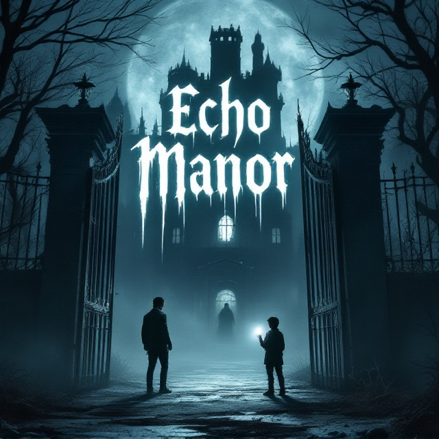 A haunting, oversized silhouette of the abandoned Echo Manor looms in the background, with tall, jagged iron gates creaking open in the foreground. The scene is bathed in dim, moody shades of midnight blue and shadowy black, with eerie streaks of moonlight slashing through the scene. To the left, Benji stands with his brooding posture and dark clothes illuminated faintly by the moon, giving him a sense of quiet confidence. To the right, Milo's smaller, more anxious figure is holding a flashlight, its weak beam skimming across the ground, suggesting fragility and fear. The serial killer’s shadow is cast ominously against a cracked window of the mansion in the background, hinting at the sinister suspense within. Overhead, the title “Echo Manor” is dripping in a pale, ghostly white font, evoking a chilling, horror-like tone.