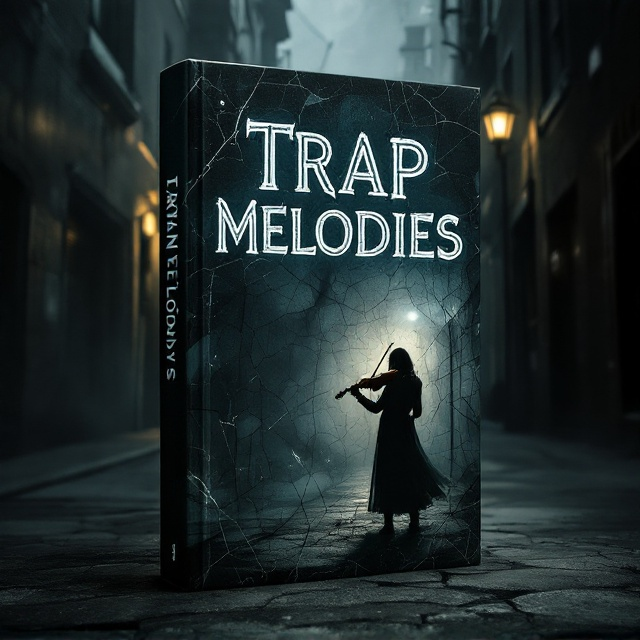 A shadowy, cracked, and dimly lit city alley with a single faint lamp illuminating a figure playing a violin. The shadows blend into abstract shapes resembling musical notes that appear like clues, sprawling across the walls and the ground. A sense of unease is evoked through mist and splintered textures on the background.