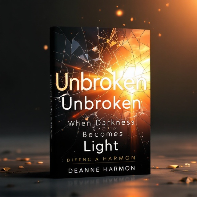 A background seamlessly transitioning from a dark, starless night sky on the left to a radiant sunrise on the right, symbolizing the journey from darkness to light. In the center of the cover, fragmented mirror shards reflect broken pieces of the dark side, gradually fading into a whole, uncracked mirror reflecting the bright side. The word “Unbroken” stretches across the center, with its left side fragmented and jagged, transforming into smooth and complete text by the end. A soft beam of light spills over the shards, giving a warm and hopeful glow.