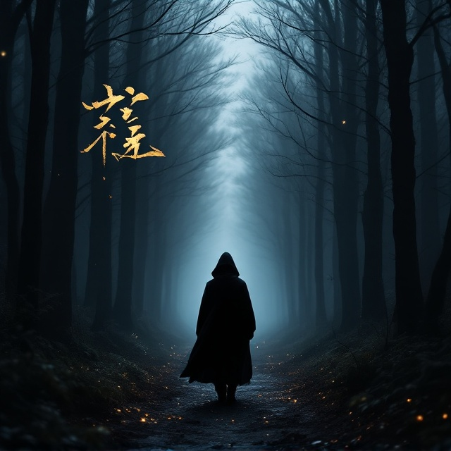 A dark, moody backdrop featuring a misty, ethereal forest fading into shadows. In the foreground, a lone figure with a hunched posture walks down a narrow dirt path. The figure is dressed in a black hooded cloak with their back turned to the viewer, emphasizing a sense of isolation. Surrounding them are faint, glowing symbols intricately carved into the trees, subtly shimmering as if alive. Above, the cloudy sky barely allows a piercing ray of light to filter through, evoking an air of mystery. The edges of the cover are slightly blurred, adding a dreamlike quality.