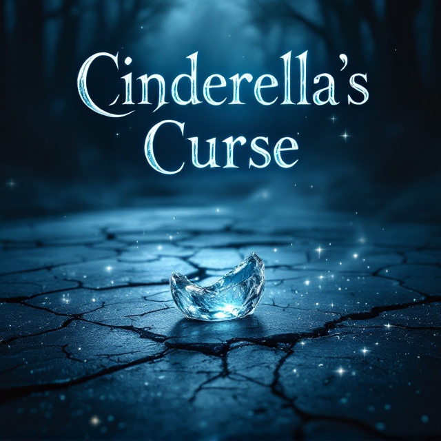 The cover showcases a close-up of a shattered glass slipper in the center, lying on a cracked, dark, marble floor with soft glowing sparkles surrounding it, creating an aura of magic. The background is a gradient of deep blue fading into black, with a faint silhouette of a mysterious forest in the distance. Subtle wisps of glowing mist swirl across the image to conjure a dark, magical atmosphere.