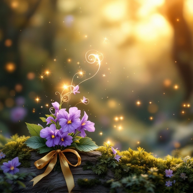 A dreamy fairytale backdrop with soft golden sunlight filtering through an enchanted forest. In the foreground, a delicate bunch of purple violets tied together with a golden ribbon, resting on a mossy log. Wisps of magical, glowing swirls drift upward, intertwining with the violet petals. Small, glowing sparkles pepper the background, adding a touch of fantasy.