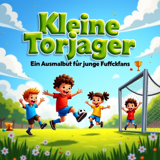 A vibrant soccer scene featuring a sunny green field. A group of diverse children is depicted joyfully playing soccer. A boy is mid-air kicking a ball, while others cheer energetically in the background. A cartoon-style soccer goal post is on the right-hand side. The sky is bright blue with fluffy white clouds, and the colors of the children's jerseys are bold and playful, such as red, yellow, and blue. A small trophy and ball symbol are tucked into the corners.
