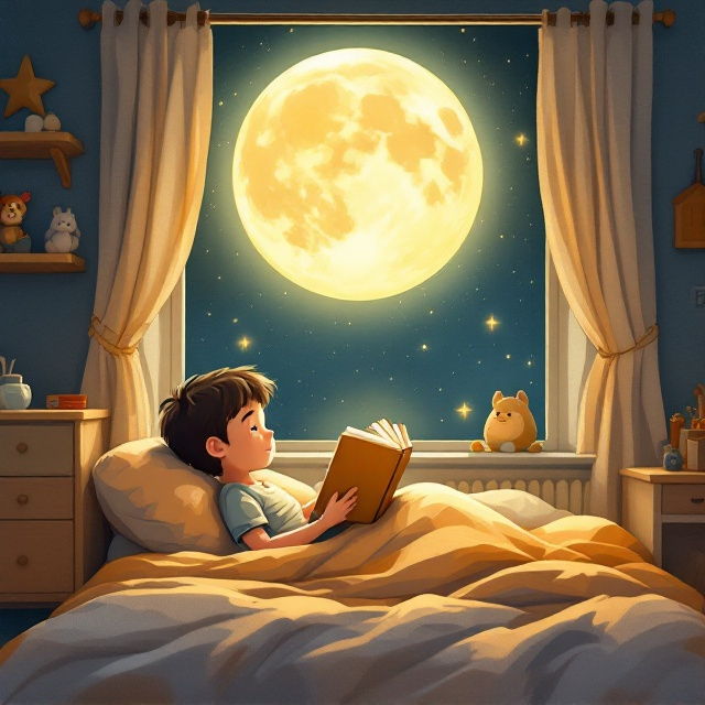 A cozy illustration depicting a young boy lying on a warm-toned bed covered with a soft blanket. He is engrossed in reading a large book, the golden light of the moon shining on him through the window. The background of the room includes a subtle nightstand and shelves with a few scattered toys to create a relatable children's bedroom scene. The window reveals a beautifully illustrated night sky with a bright, glowing moon surrounded by twinkling stars. There is ample negative space at the top, leaving room for the title to be added later.