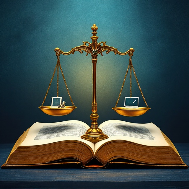 A balanced design featuring an open book at the center, with its pages forming the shape of a scale. One side of the scale has abstract minimalist illustrations of historical scrolls, and the other side has symbols representing legal and education systems (e.g., a gavel and a chalkboard). The background is a gradient transition from deep blue (symbolizing wisdom) to rich gold (representing inspiration and enlightenment). Subtle textures of parchment paper overlay the background for depth.