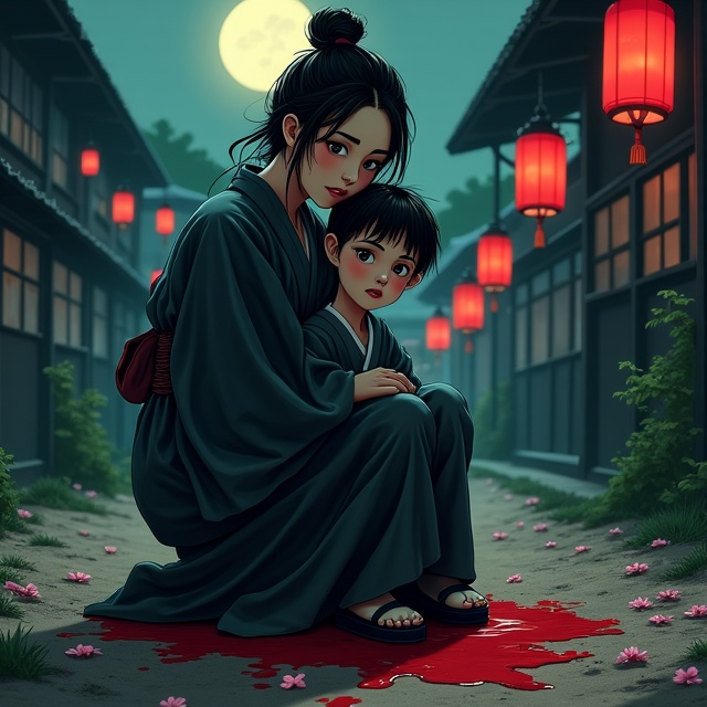 A Japanese village at nighttime is depicted as the background, painted in deep blacks and greens with subtle red lantern glows in the distance. The mother is shown kneeling on a dirt path, holding her young son's shoulders with tension in her face, illuminated by a faint moonlight. Her kimono is dark, blending into the shadows, but a pool of bloodstains under her hands stands out in bold red. The child, appearing vulnerable and wide-eyed, stares directly at the viewer, evoking a mixture of fear and longing. Cherry blossom petals, slightly smeared with blood, are scattered at their feet, their subtle pink hue contrasting with the dark atmosphere.