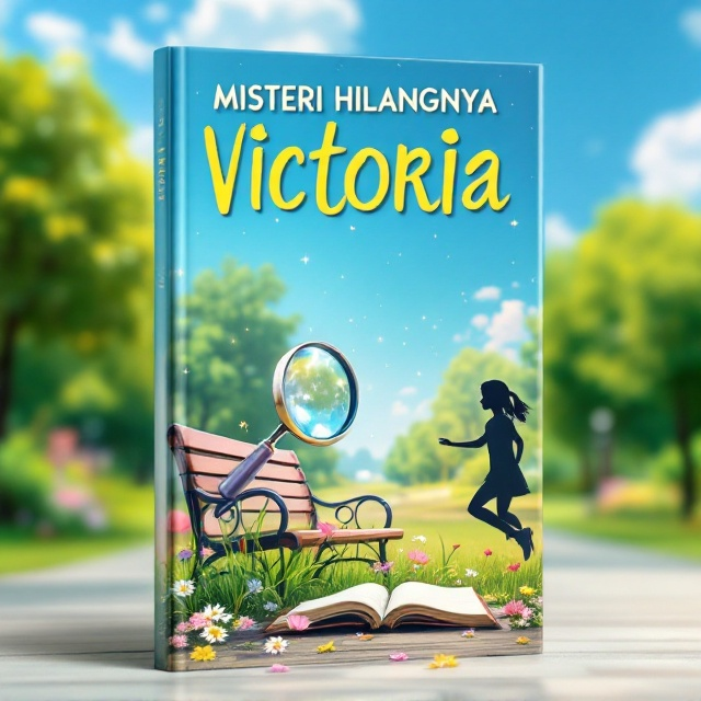 The cover features a vibrant, sunny park scene with a bright blue sky. The central focus is on a magnifying glass hovering over a diary on a bench, surrounded by a scattering of colorful flowers. In the background, a silhouette of a cheerful teenage girl (representing Victoria) is seen skipping joyfully, adding a mysterious yet uplifting tone. Subtle sparkles overlay the scene to give it a magical and happy ambiance.