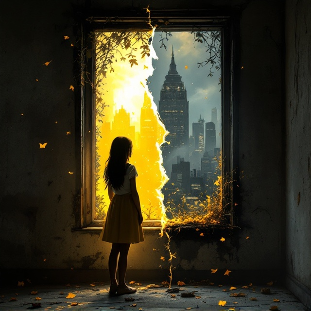 A young girl stands in a dilapidated, shadow-filled room, gazing out a fractured window. Half the frame shows her in soft golden light, representing her innocence and purity. The other half plunges into shadows with faint outlines of a bustling, chaotic modern cityscape, symbolizing the dark and complex world she is forced into. Delicate vines and petals float on the brighter side, fading into ashes on the darker side, representing the transformation of her reality.