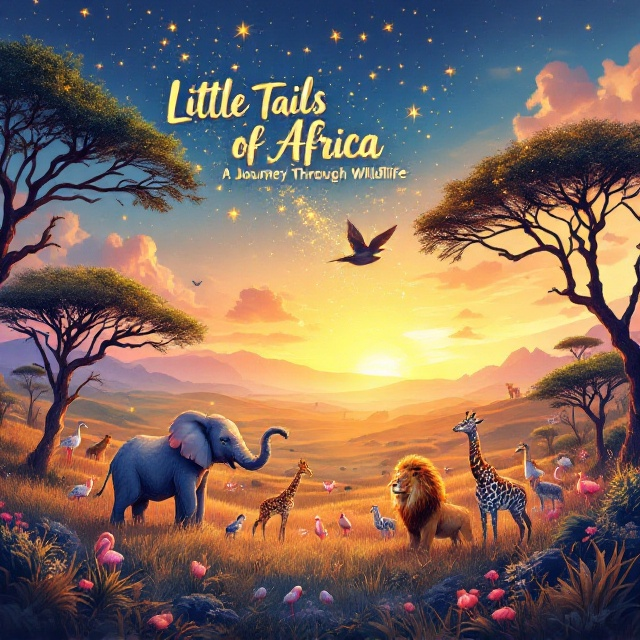 A brightly-colored African savanna at sunset, with a fantastical scene where various animals—elephants, giraffes, lions, zebras, and flamingoes—are playfully interacting in a magical setting. The animals have whimsical features, such as sparkling eyes and shimmering fur. A soaring bird leaves a trail of glowing stardust across the sky, forming the title of the book. The background features lush acacia trees and rolling savanna hills blended with soft, dreamy, pastel tones, creating an ethereal atmosphere.