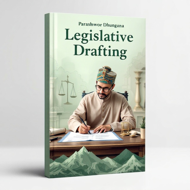The cover features a Nepalese professional seated at a desk with traditional Nepalese clothing, pen in hand, actively drafting a legal document. In the background, faint outlines of legal scales and scrolls blend into the soft green gradient backdrop, symbolizing law and authority. A subtle illustration of Nepal's iconic mountains is incorporated near the bottom edge, tying the design to the Nepalese cultural identity.