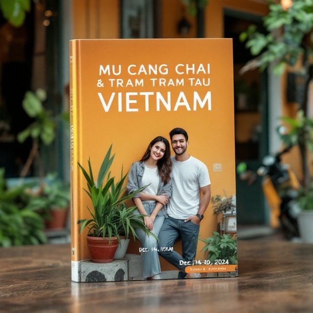 A warm-toned photo of a smiling couple leaning against the yellow wall of a rustic cafe with vibrant green potted plants to the side and an old scooter parked nearby. The foreground focuses on the couple, while the background subtly shows the understated charm of the North Vietnam countryside. The title is layered towards the upper third of the cover in a minimalist, modern design, while the date ("Dec 14-20, 2024") is positioned at the bottom in small but noticeable text with handwritten accents.