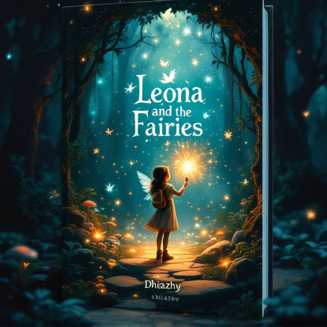 A young girl, Leona, dressed in an exploratory outfit stands at the center of the cover. She is holding a glowing magic wand emitting sparkling light that leads towards a mystical portal embedded into the forest. Surrounding her are small, ethereal fairies glowing in hues of bright yellow and magenta. The dark green forest background engulfs the majority of the cover, with faint silhouettes of towering trees and mystical elements like scattered mushrooms and ancient stones with glyph etchings. A dark blue, starry gradient seeps into the edges of the cover, symbolizing time travel.