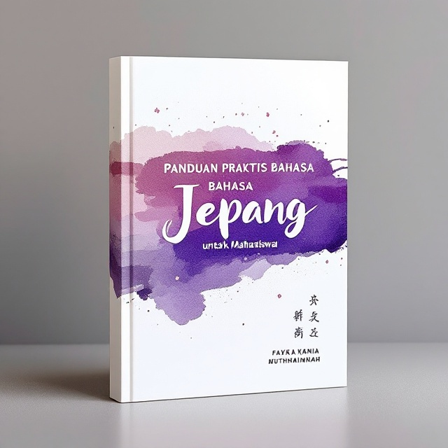 A clean and minimalistic design featuring an abstract watercolor-style brush stroke in various shades of purple across the center, resembling the fluidity of Japanese calligraphy. A faint cherry blossom silhouette in the background adds a subtle thematic touch. The book title is positioned prominently at the center, with smaller Japanese kanji characters delicately arranged beside it for effect.