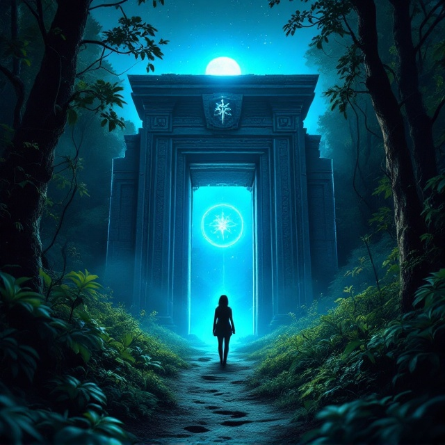A dense, shadowy forest dominates the background in hues of *deep green* and *earthy brown*. In the center of the design, a towering *ancient stone gate* is haloed by a *glowing blue neon magical symbol*, casting an ethereal shimmer over the surrounding bushes and vines. In front of the gate stands *Mia*, a daring silhouette with a sense of resolute bravery, her figure softly illuminated by the moonlight. The sky above is a *star-filled night sky*, with streaks of gentle mist weaving through the trees. Barely-visible *footprints* in the dirt create a subtle lead-in from the bottom edge to Mia. The overall look is atmospheric, drawing the reader into the latent mysteries hidden behind the gate.