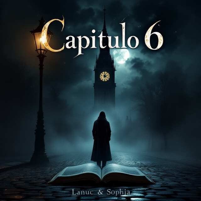 A shadowy, cobblestone street under a dim, flickering street lamp. In the background, a silhouette of an old clock tower is visible against a cloudy, moonlit sky. A lone figure stands in the foreground, wrapped in a long coat, partially obscured by fog, with the figure's footprint leading away from an open book.