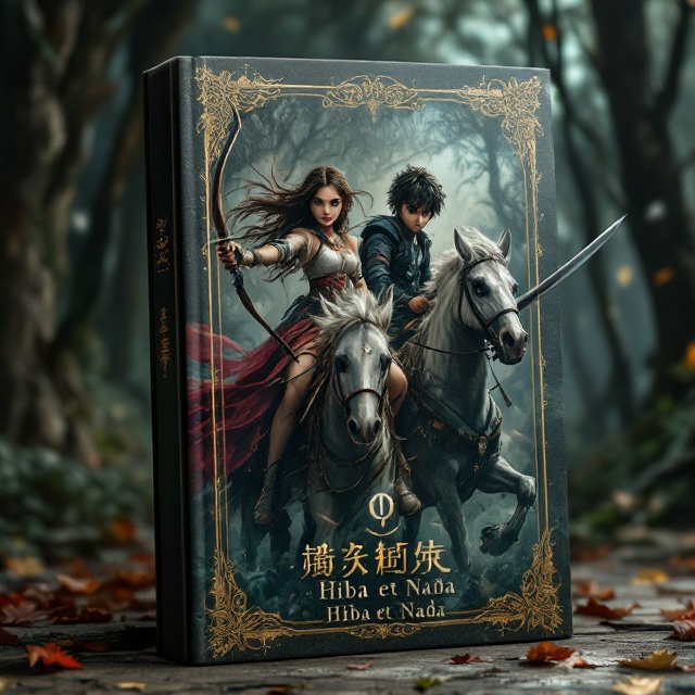 On the left, a girl holding a bow, riding a horse with intense focus, her eyes showing a dual personality—half charming, half menacing. Beside her, on the right, a boy brandishing a sword, also on horseback; his expression similarly split between innocence and threat. The background has a mystical forest setting, with shadows creating a sense of horror and disorder. Elements of fantasy are woven with bright flashes of aesthetic brilliance to depict action effectively.