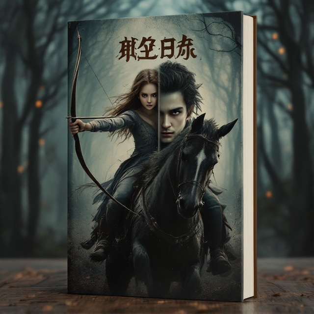 A dramatic scene depicts a girl holding a bow, mounted confidently on a rearing horse, beside her a boy wielding a sword also on horseback. The backdrop is a mystical, shadowy forest, with flickering lights casting an eerie glow. Their faces are split down the middle, one side showing an innocent, endearing expression, while the other side is menacing, with dark, haunting eyes. The atmosphere blends horror and fantasy elements.