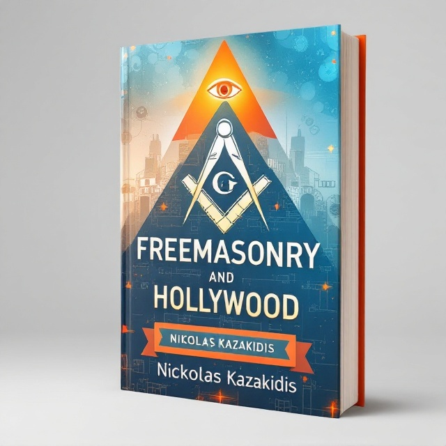 The cover features a central, large Masonic square and compass symbol prominently overlaid on a slightly translucent blue background. Above this is a stylized pyramid with the eye at its peak, slightly intersecting the compass. In the background, faint outlines of film reels and camera lenses are subtly incorporated, creating an interlace of Hollywood elements. Orange accents provide contrast, highlighting the compass, pyramid, and subtle film elements.