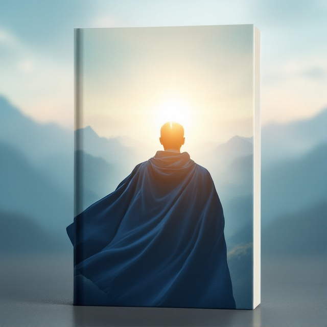 A silhouette of a man holding a cape, looking into a bright, light-filled horizon. A subtle symbol of a cross or spiritual element is integrated into the background. Soft, muted colors like blues and whites blend with a serene landscape, conveying hope and struggle.