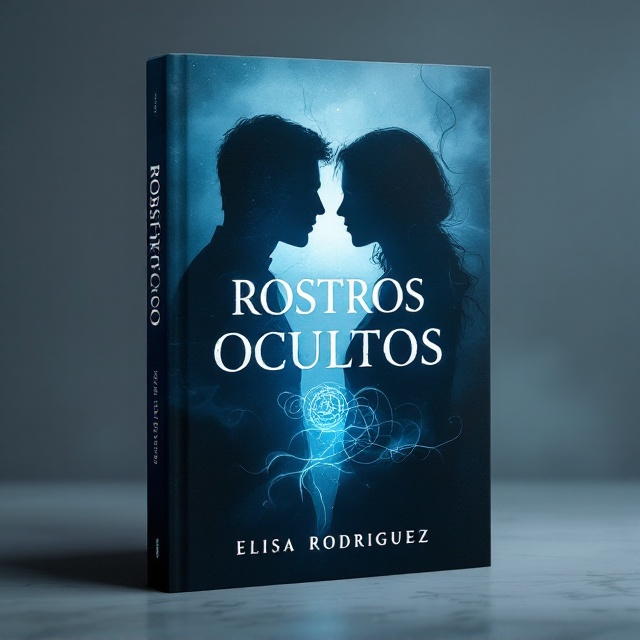 Two shadowed silhouettes facing opposite directions dominate the center of the cover. One silhouette is slightly transparent, symbolizing hidden truths, while the other appears solid, illustrating contrasting identities. A cold, textured blue background fades into darker indigo at the edges, creating depth and a sense of unease. Thin, wispy tendrils of smoke or mist snake around the silhouettes, signifying secrets and mystery. A subtle labyrinth pattern overlays the background, tying into the themes of truth and discovery.
