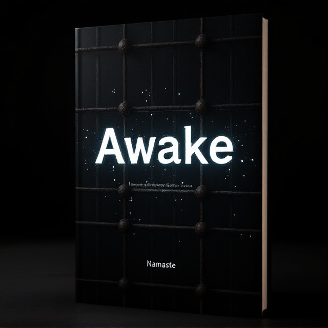 A pitch-black background with the word "Awake" appearing in fuzzy, glowing white letters. The letters seem slightly distorted, with faint light trails radiating outward, giving the sense of an uneasy blur. These letters are encaged behind spherical, rusted iron bars that appear three-dimensional, slightly protruding out toward the viewer. The bars cast sharp, menacing shadows against the dark backdrop. The title is positioned in the center, while the author’s name, “Namaste,” is written in a minimalist font at the bottom, in muted grey.