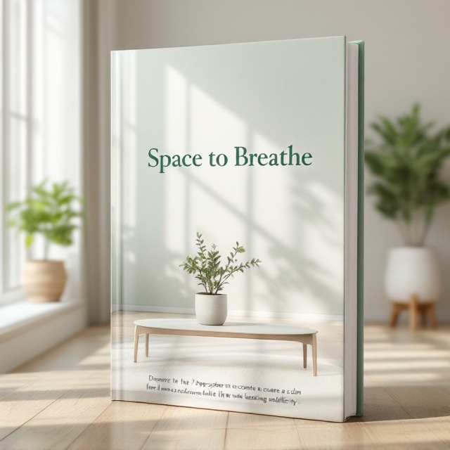 [The cover features a serene image of a tidy, light-filled living room with minimal furniture. Sunlight streams through a large window, casting soft shadows across a clean, wooden floor. In the foreground, there's a small potted plant on a streamlined coffee table, symbolizing tranquility and nature. Soft pastel colors dominate the palette, evoking a sense of calmness and clarity.].