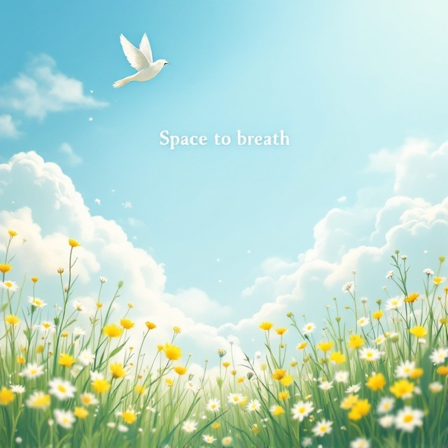 A soft and airy illustration of clear blue skies with white, fluffy clouds scattered across. In the bottom section, a serene meadow with wildflowers lightly waving in the wind. A gentle bird flying across the top-right symbolizes freedom and calmness, all framed by soft, diffused sunlight.