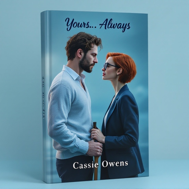 The cover features a hyperrealistic and dramatic scene, showcasing the two main characters in profile against a serene blue backdrop that gradually shifts in hues. The man, sickly and pale, is depicted holding a single forearm crutch, wearing a white long shirt and a v-neck sweater over dark trousers. His brown hair is slightly messy, falling gently onto his back. His sharp facial features include prominent eyebags. Standing closely in front of him is the woman with short, fiery red hair. She wears glasses and a smart woman's suit with heels, highlighting her sand-clock figure. The scene captures a moment of silent understanding and affection between them, emphasized by the closeness of their positions and their tender expressions.