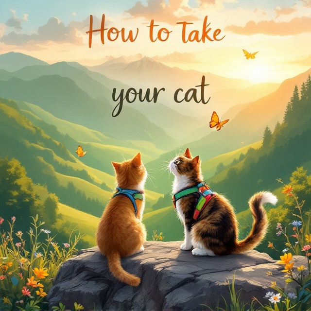 A vibrant illustration of a woman and her cat perched on a rocky cliff, overlooking a serene mountain valley at sunrise. The background features lush, rolling green hills and a soft blend of golden sunlight and blue sky. The cat, wearing a colorful adventure harness, is playfully batting at a butterfly. Wildflowers in the foreground add warmth and detail.