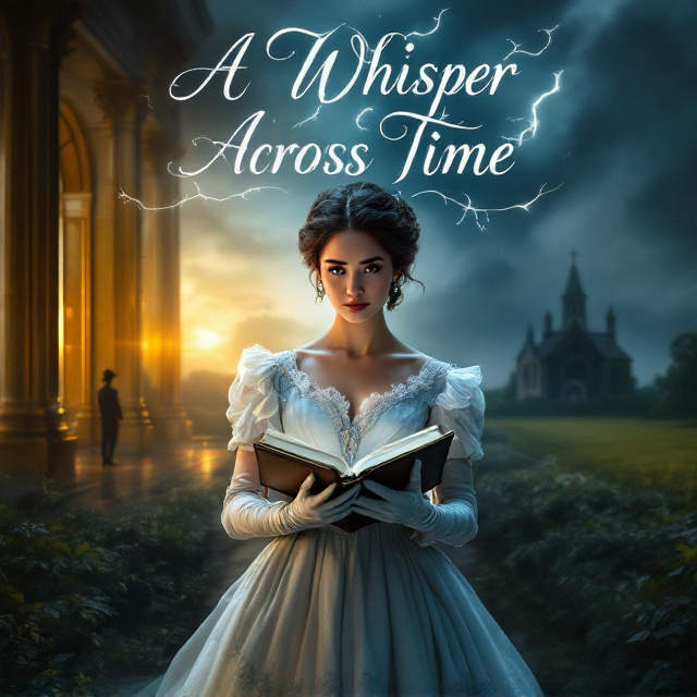 A young woman in a flowing Regency gown with long arm gloves and an updo hairstyle stands gracefully in the center with an open diary in her hands. Behind her, storm clouds gather dramatically, divided into two halves. On the left, a grand ballroom spills golden light, hinting at an era of elegance. On the right, a stormy field leads to an ivy-covered chapel in the distance, shrouded in mystery. A shadowy soldier watches from afar, adding an air of intrigue. The title, "A Whisper Across Time," glimmers in elegant silver script, surrounded by faint lightning with a subtle pocket watch motif woven into the design.