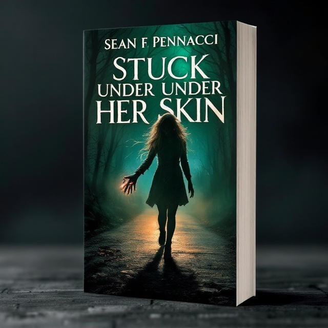 The cover features a haunting image of a lone woman walking down a dark, mist-covered veilroad. In the foreground, beneath the skin of her outstretched hand, a shadowy figure can be seen twisting and crawling—illuminated by an eerie, otherworldly glow. The background is a blend of swirling dramatic colors, creating a sense of movement and supernatural mystery. The woman's expression is hidden, adding to the intrigue.