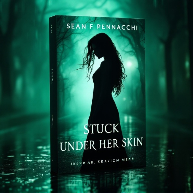 The cover features a silhouette of a woman standing in profile on a glistening, rain-slicked street. The street is subtly reflective, amplifying the glow from the ethereal greenish-blue light in the background, creating a haunting aura around her. Her hair cascades freely, catching glimmers of the surrounding light, giving off an almost spectral appearance. The background is obscured by a dense, creeping fog that suggests either an enigmatic forest or a forgotten urban alleyway. This composition establishes an ominous tone, heightening the suspense with its shadowy, mysterious elements.