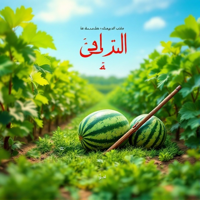 A vibrant and lush green field as the background, with prominent rows of watermelon plants. A large, ripe watermelon lies in the foreground, slightly off-center, with a traditional plow leaning against it. The sky is a clear blue, evoking a sense of success and promising growth. Light hints of sunshine trickle onto the field, creating an inviting and hopeful atmosphere.
