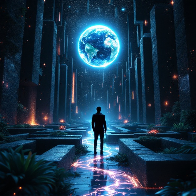 A solitary man wearing a futuristic, minimalist suit stands at the center of a vast, labyrinth-like maze. He looks up in awe at a glowing Earth illuminated by city lights against the black, star-filled void of space. The maze is overgrown with patches of natural beauty glowing plants, crystalline flowers, and streams of light flowing like rivers. The scene has a surreal, dreamlike quality, with a mix of darkness and vivid luminescence that brings out the juxtaposition of technology and nature.